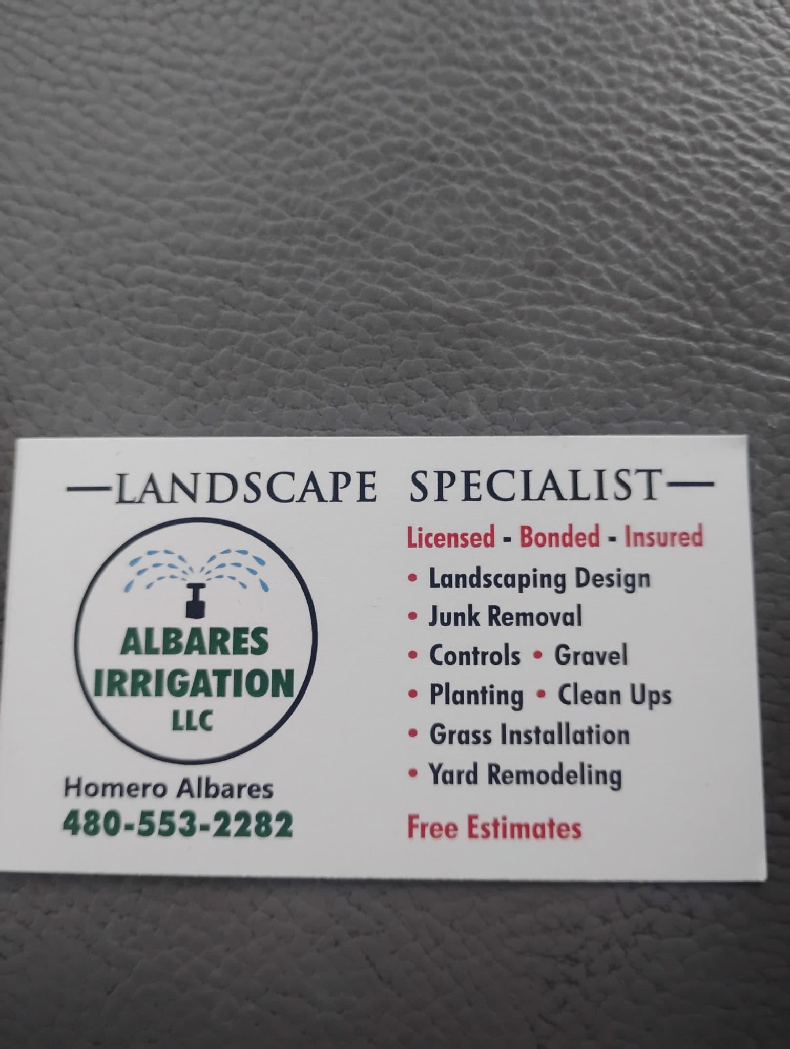 Albares Irrigation business card with landscaping services